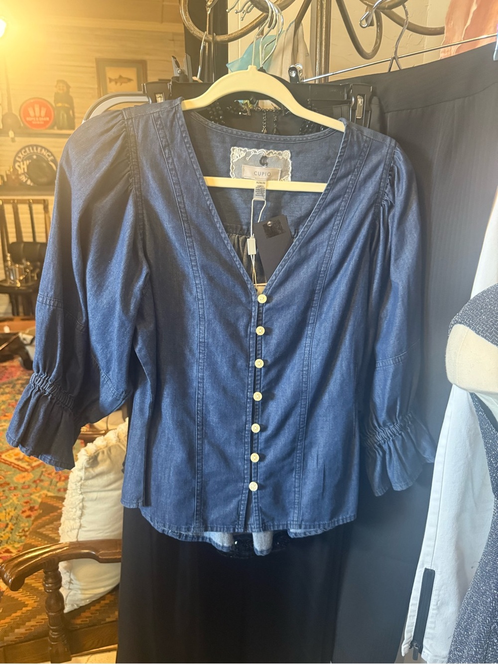 Cupio Dark Blue Denim Button-Front Puff Sleeve Blouse